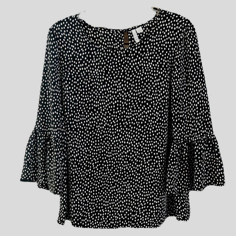 Elle Black White Polka Dot Bell Sleeve Twee Minimalist Preppy Blouse Size Small